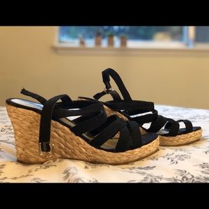 Charles Albert black strap wedge sandals.